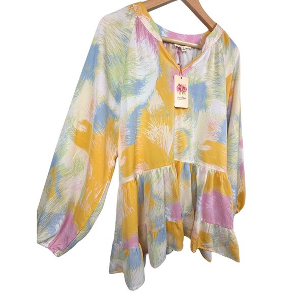 Entro Blouse Womens Multi Pastel Tiered A-Line Peplum Summer Lagenlook Y2K Large - Picture 3 of 8